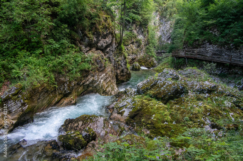 Vintgar gorge amazing cayon with river, rocks and nature, wooden foodpaths leads through wild natural reserve