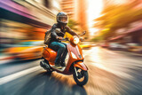 Male biker driving retro scooter at city street, motion blur effect. Created with Generative AI