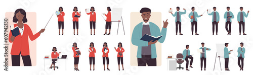 Cartoon isolated male dark skin and female characters standing pointing board with stick, teaching and holding open book and globe on lecture, education process. Teachers poses set vector illustration