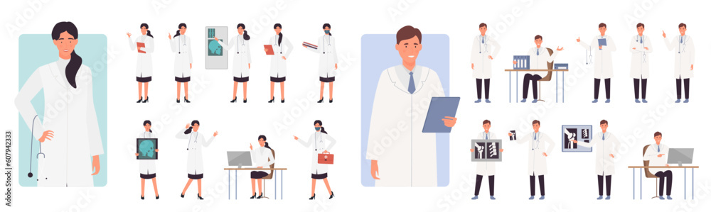 Cartoon isolated man and woman wearing medical robes holding stethoscopes, examine x-rays of patient lungs and stomach, carrying a first aid box. Doctors activity poses set flat vector illustration Cartoon isolated man and woman wearing medical robes holding stethoscopes, examine x-rays of patient lungs and stomach, carrying a first aid box. Doctors activity poses set flat vector illustration