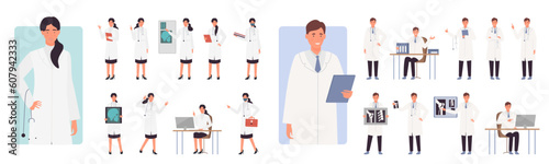 Cartoon isolated man and woman wearing medical robes holding stethoscopes, examine x-rays of patient lungs and stomach, carrying a first aid box. Doctors activity poses set flat vector illustration