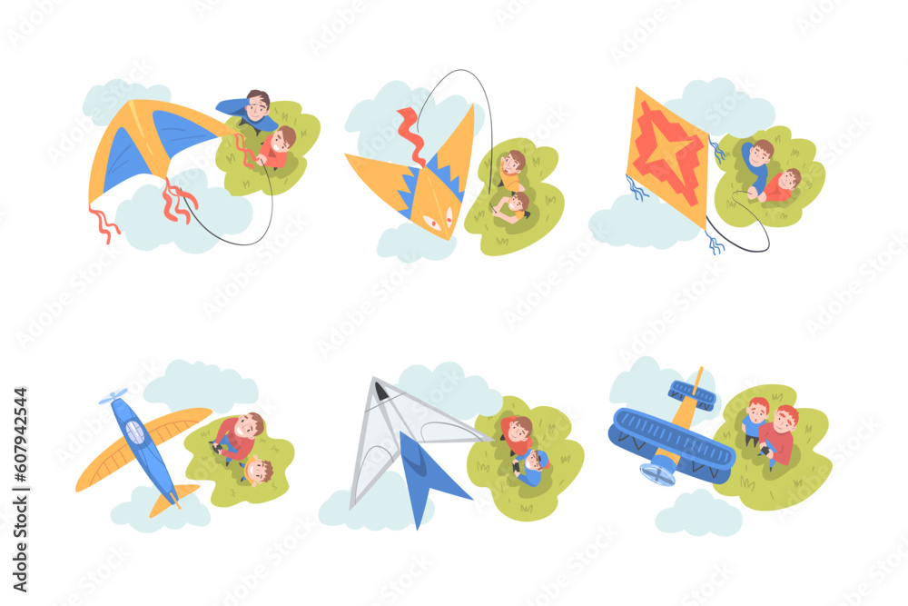 Father and Son Launching Toy Kite and Airplane Models Vector Set