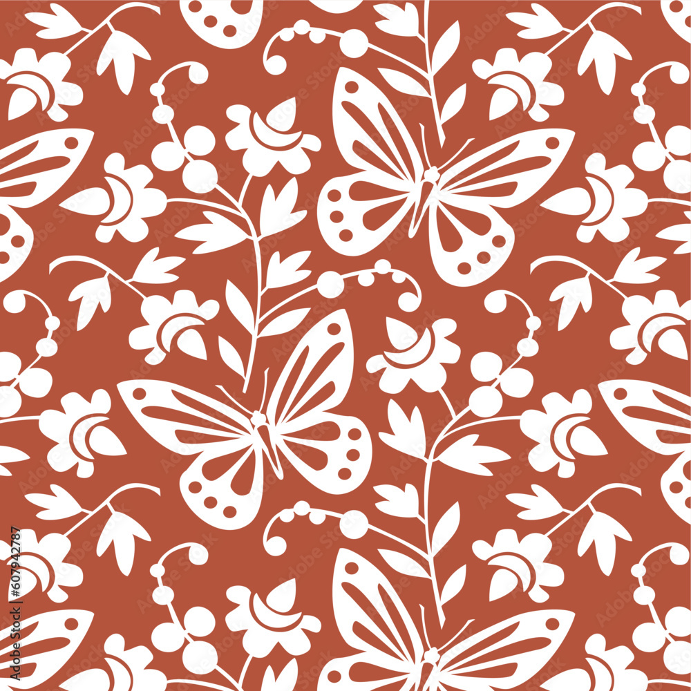 Red and white seamless pattern, butterflies and flowers vector illustration, full scalable vector graphic included Eps v8 and 300 dpi JPG.
