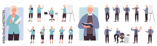 Teachers poses set vector illustration. Cartoon isolated male and female characters standing and pointing on board with stick, teaching and holding open book and globe on lecture, education process