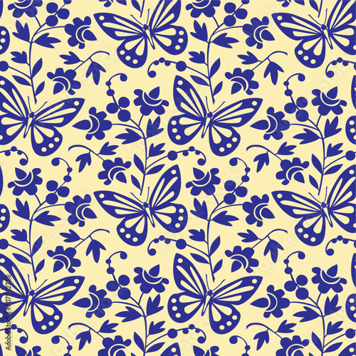 Vector illustration in blue, butterflies and flowers seamless pattern, full scalable vector graphic included Eps v8 and 300 dpi JPG.