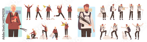 Cartoon man woman separated travelers hiking, camping, kayaking and climbing, young camper characters enjoy tourism adventures together isolated. People tourists poses vector illustration set.