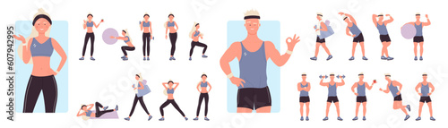 Poses of sports trainers set vector illustration. Cartoon isolated male and female blonde characters standing and training muscles with dumbbells, professional instructors doing sport workout