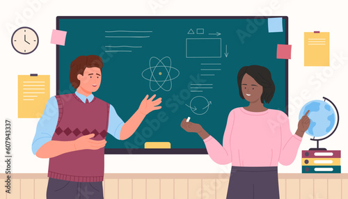 Scientists writing on blackboard with chalk vector illustration. Cartoon two people standing at university or school board in classroom, smart man and woman discuss scientific knowledge at chalkboard