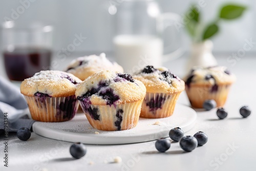 Muffins de Mirtilo em cozinha branca com mirtilos em cima da mesa, arte criada em AI generativa.