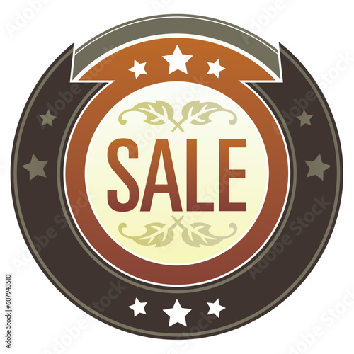 Sale e-commerce icon on round red and brown imperial vector button with star accents suitable for use on website, in print and promotional materials, and for advertising.