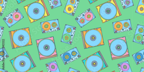 Audio cassette and CD disk pattern. 2000s audio cassette. Y2k wallpaper. CD disk for boombox. Nostalgia for the 90s and 2000s.