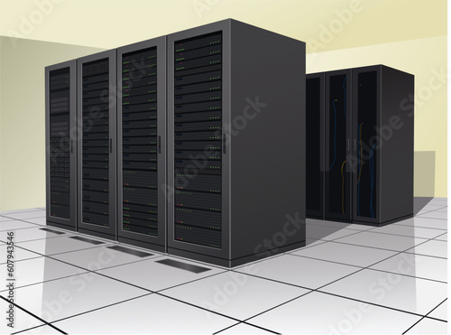 Two rows of rack, or enclosures, containing computer equipment.