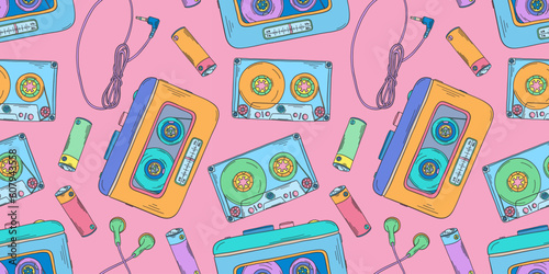 Personal cassette player pattern. 2000s portable music player, cassette, headphones, battery. Y2k trend. Retro background. Nostalgia for the 90s and 2000s.