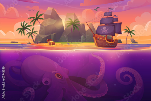 Tropical island landscape with pirate ship and giant underwater octopus vector illustration. Cartoon sea or ocean game adventure background template with boat sailing for treasure chest and monster