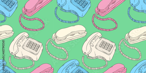 Retro phone pattern. 80s, 90s vintage telephones. Y2k trend. Telephone retro technology. Retro background. Nostalgia for the 90s and 2000s.