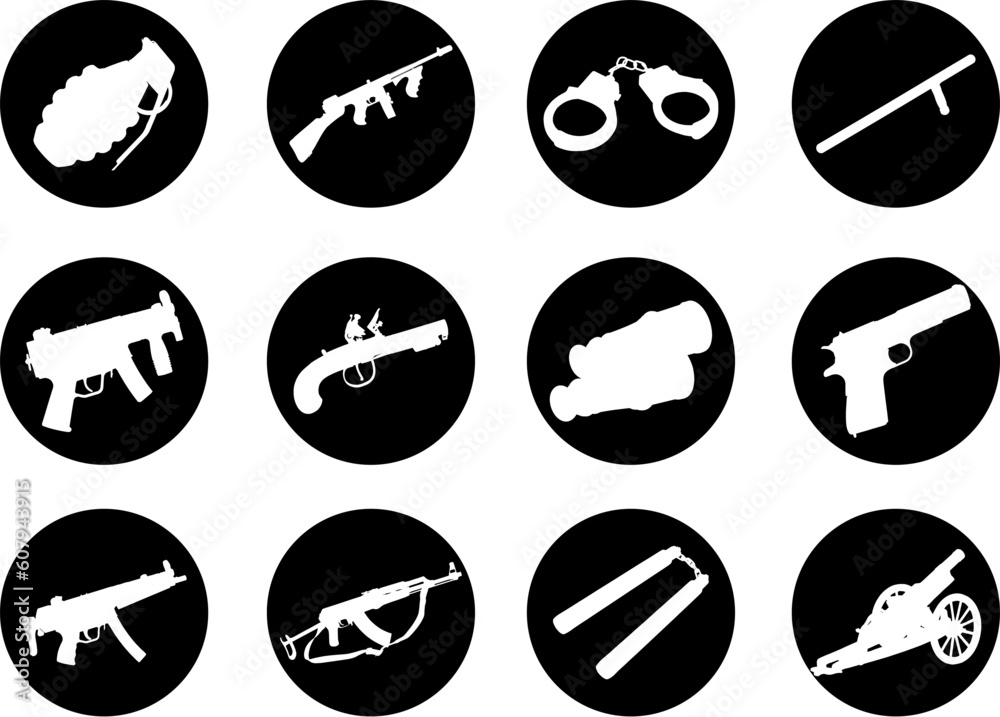 Guns. Set of 12 round vector buttons for web Guns. Set of 12 round vector buttons for web
