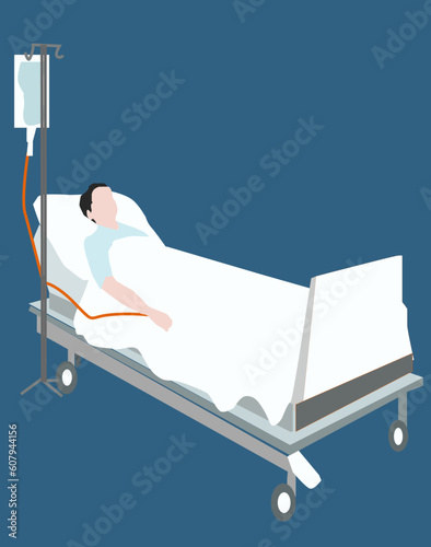 Patient in hospital bed with blood bag post flat vector illustration