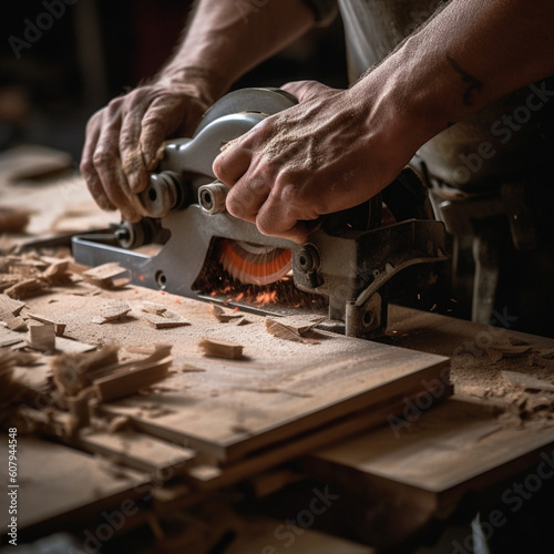 Carpenter working wood. Generative AI.