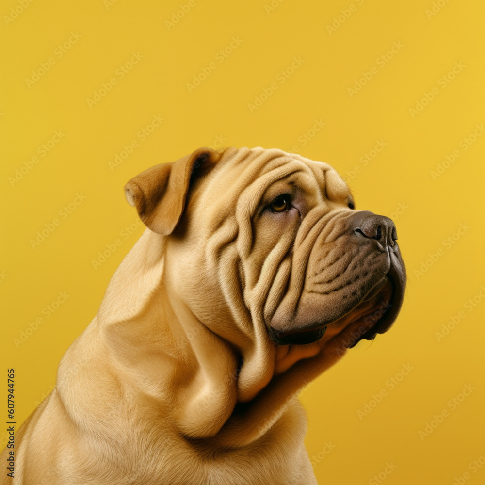 Shar pei dog on a yellow background. Generative AI.