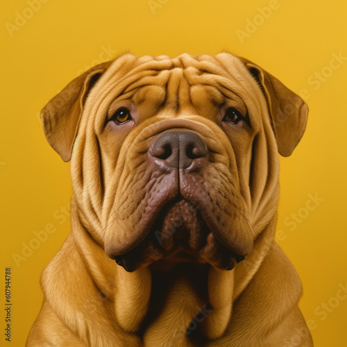 Shar pei dog on a yellow background. Generative AI. © DALU11