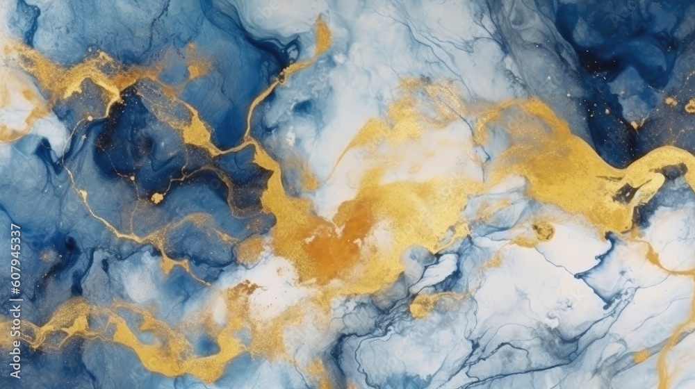 Generative AI produces abstract blue and gold marble texture. (Illustration, Generative AI) Generative AI produces abstract blue and gold marble texture. (Illustration, Generative AI)