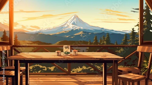 A scenic mountain view behind a wooden table. (Illustration, Generative AI)