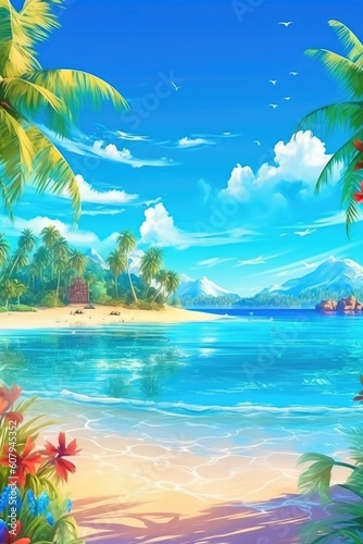 Digital art of a tropical paradise beach with crystal-clear water.  Illustration  Generative AI 