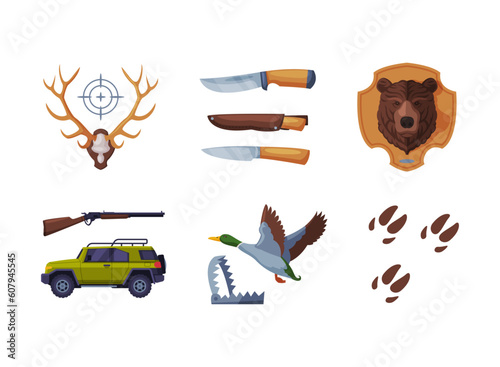 Hunting with Off Road Car, Bear Head, Knife, Antler, Rifle, Duck and Trace Vector Set