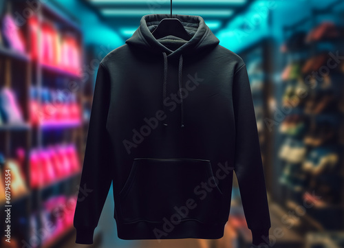 black hoodie sweater photo template with front view isolated on clothing store room background with neon light effect, genetive ai
