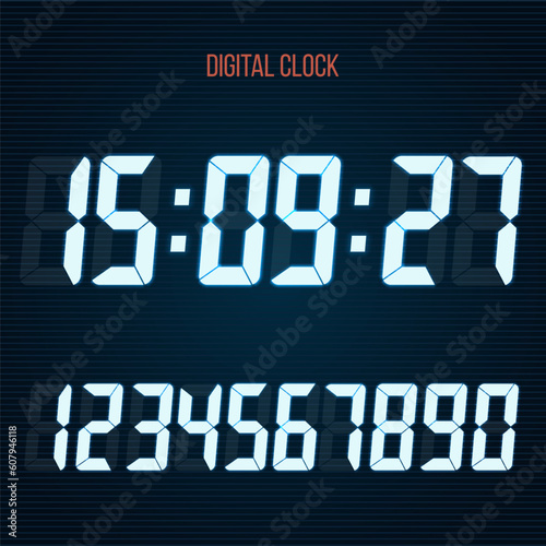 Digital clock with lcd display. LCD numbers for a electronic devices. Glowing numbers. Vector illustration.