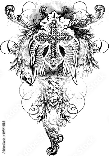 tribal cross with flying wing and scroll ornament