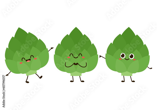Green artichoke flower character desgin. Green artichoke flower head isolated element healthy food print for farm market menu and recipes.