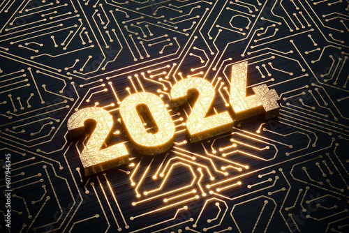 2024 digits on circuit board wire lines golden color shine over black background design. High technology new 2024 year greeting card concept. 3d render