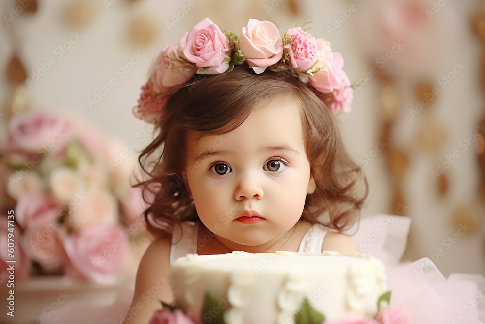 Portrait of charming baby girl celebrating her first birthday, cake and studio decoration in pastel colors. Generative AI Portrait of charming baby girl celebrating her first birthday, cake and studio decoration in pastel colors. Generative AI