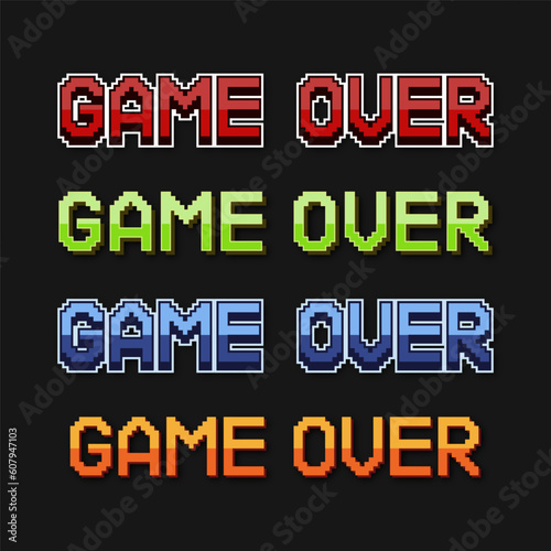 Game over pixel lettering set. Video game screen message. Vector illustration.