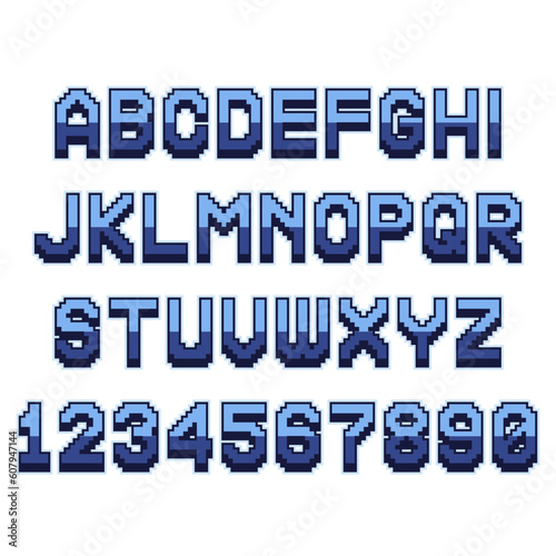 Pixel font. Retro alphabet for computer games, web sites. Vector letters and numbers.