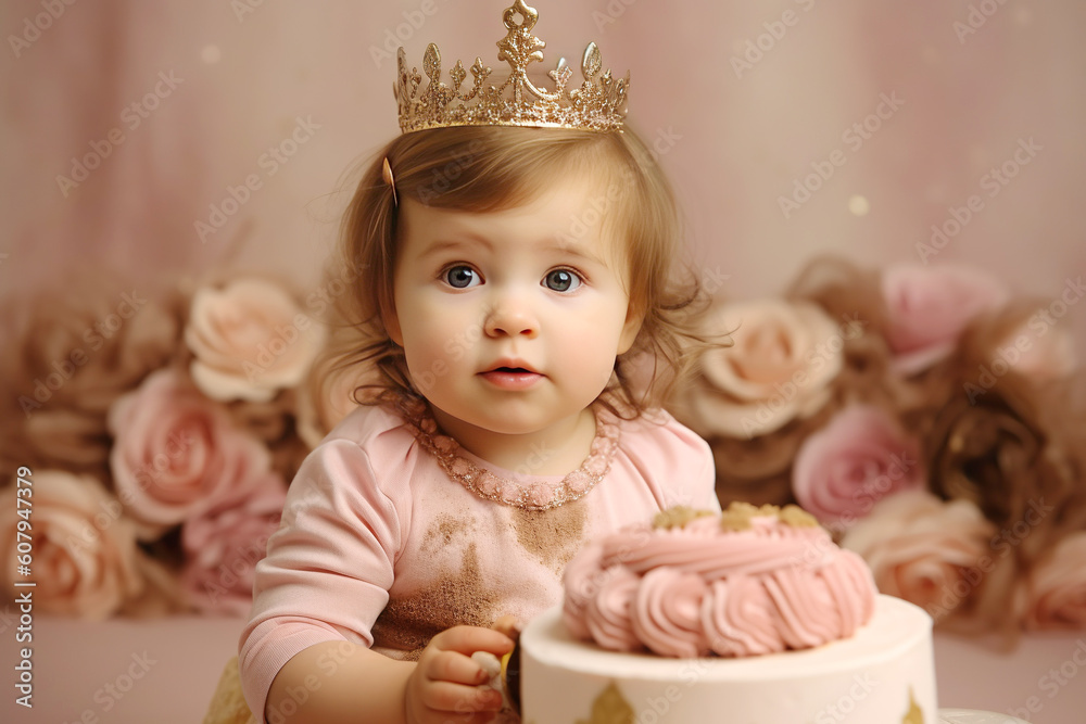 Portrait of charming baby girl wearing princess crown celebrating her first birthday, luxury, cake and studio decoration in pastel colors. Generative AI Portrait of charming baby girl wearing princess crown celebrating her first birthday, luxury, cake and studio decoration in pastel colors. Generative AI