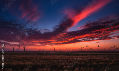  a field of grass with a bunch of windmills in the distance at sunset with a red sky in the background and a few clouds in the distance.  generative ai
