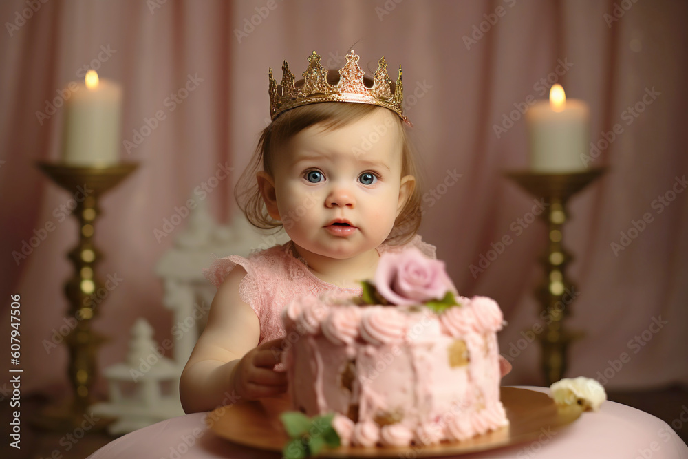 Fototapeta premium Portrait of charming baby girl wearing princess crown celebrating her first birthday, luxury, cake and studio decoration in pastel colors. Generative AI