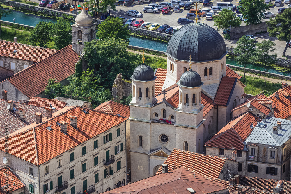 Obraz premium Old Town with Church of Saint Nicholas in historic part of Kotor city, Montenegro