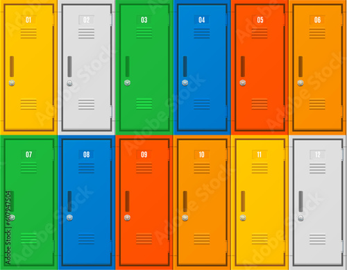 Realistic Detailed 3d School Gym Locker or Fitness Boxes with Combination Locks Set. Vector illustration of Colored Metal Cabinets