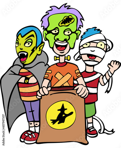 Three kids in costume dressed as a vampire, monster and mummy for Halloween - trick or treat.