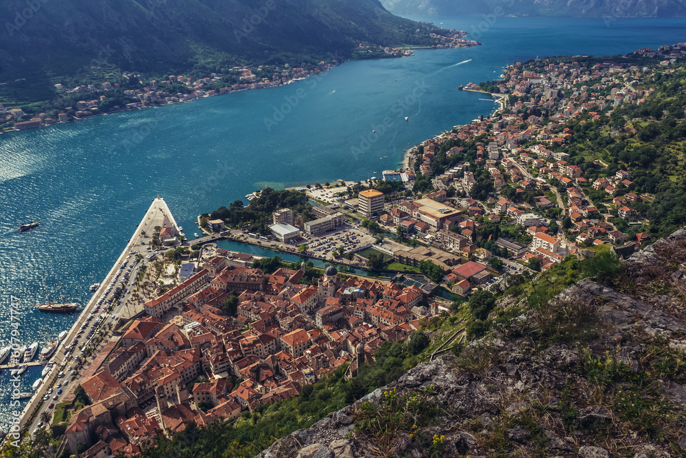 View from ancient walls on historic part of Kotor town, Montenegro