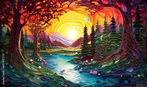  a painting of a river surrounded by trees with a sun setting in the distance behind it and a forest with a river running through it.  generative ai
