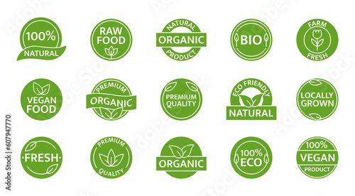 Organic, natural, bio product icon set. Healthy vegan food label. Farm fresh, locally grown badges. Eco friendly tag. Gmo free. Beauty product. Sustainable life. Premium quality. Vector illustration