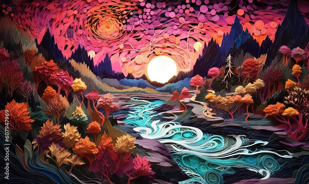  a painting of a river surrounded by trees and flowers with a sun in the background and a painting of a river running through the center of the picture.  generative ai