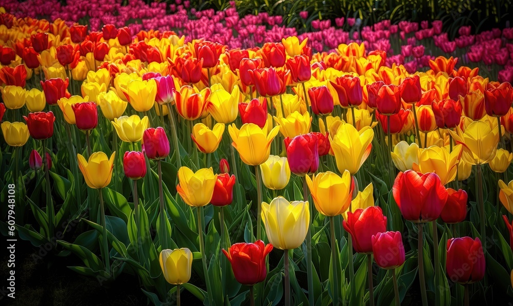 a field full of colorful tulips in a park with trees in the backgrouf of the picture and a green area with a red, yellow, red, yellow, red, and pink, and white, and yellow. generative ai a field full of colorful tulips in a park with trees in the backgrouf of the picture and a green area with a red, yellow, red, yellow, red, and pink, and white, and yellow. generative ai
