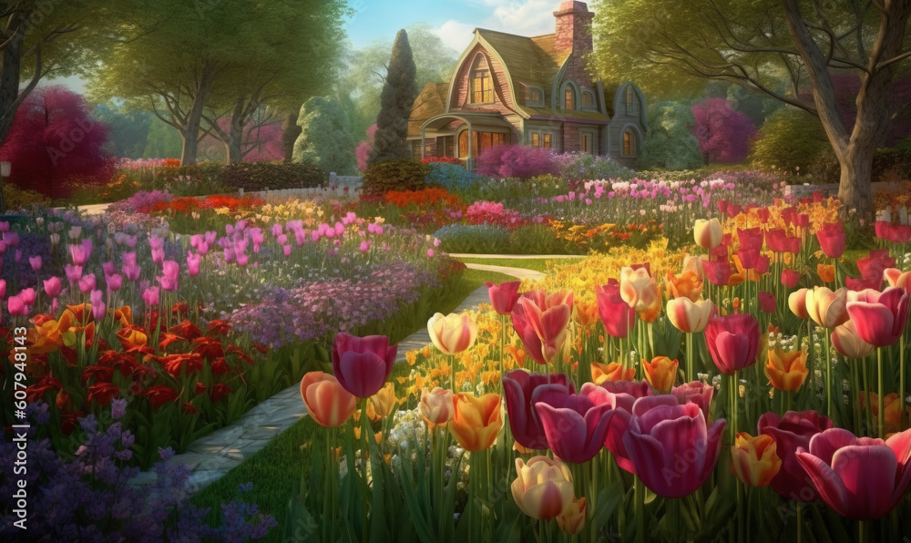  a painting of a garden with a house in the background and lots of flowers in the foreground and a path leading to the house.  generative ai