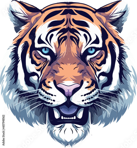 Vector Illustration of a Tiger Head with Piercing Blue Eyes, Subtle Shades of Purple and Orange
