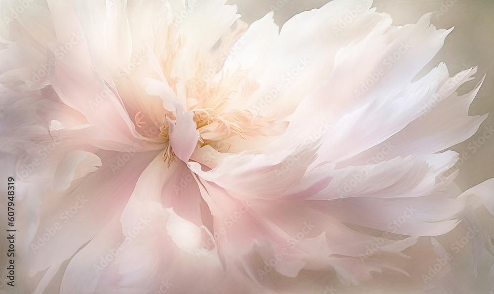  a large white flower with pink petals on it's center and a yellow center in the middle of the flower, with a soft, blurred background.  generative ai